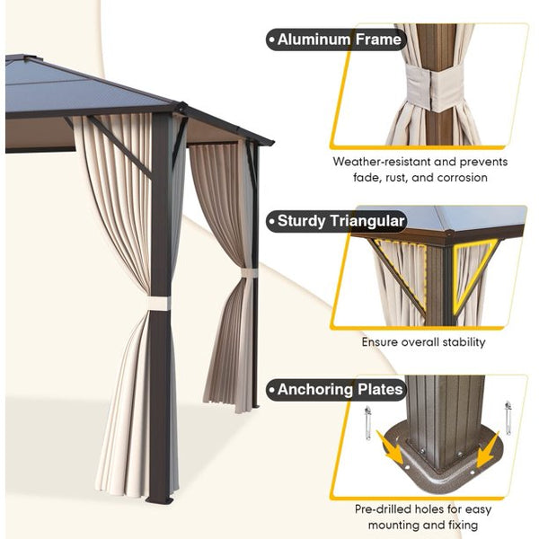 Erommy 10'x12' Outdoor Polycarbonate Hardtop Gazebo Curtains Aluminum Frame with Netting for Garden,Patio