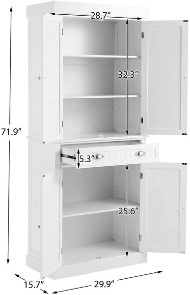 YOLENY Kitchen Pantry 72” Freestanding Storage Cabinets with Doors and Shelves Elegant Colonial Design Cabinet Cupboard with 3 Adjustable Shelves and 1 Storage Drawer