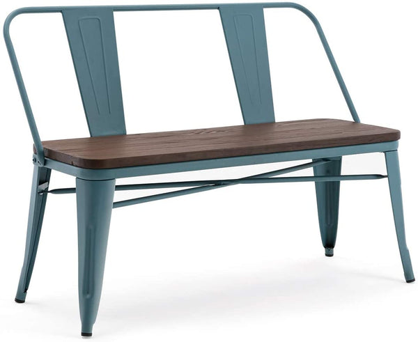 YOLENY Metal Bench Industrial Mid-Century 2 Person Chair with Wood Seat Dining Bench with Floor Protector
