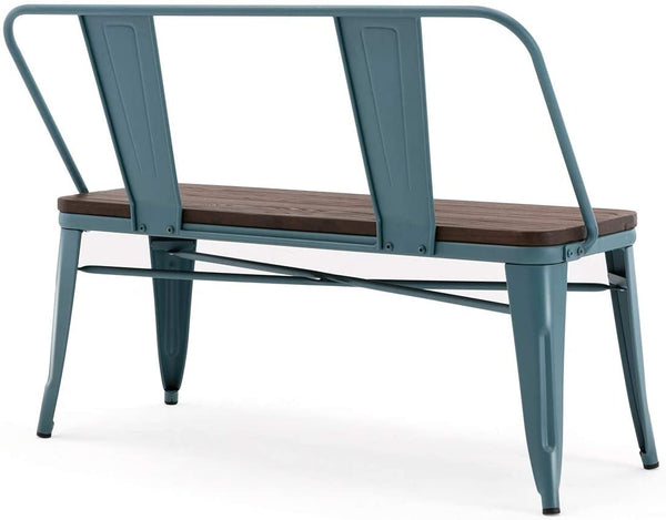 YOLENY Metal Bench Industrial Mid-Century 2 Person Chair with Wood Seat Dining Bench with Floor Protector