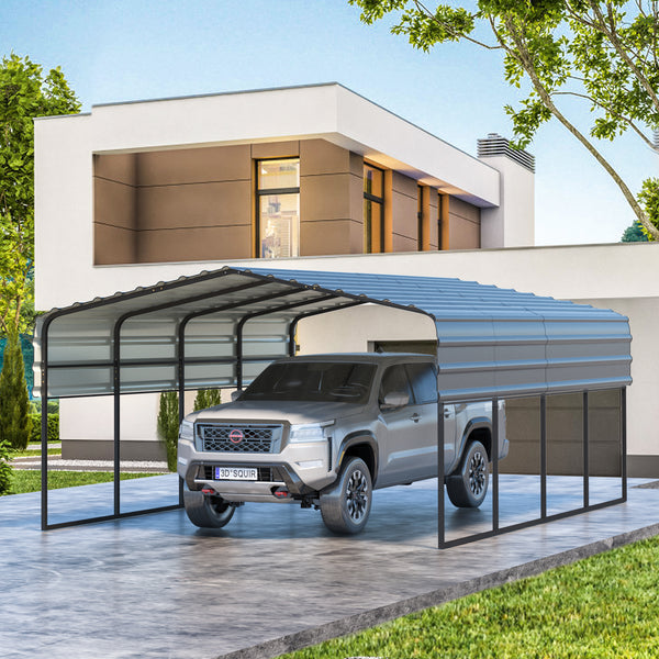 Hommow 12 x 20 ft Carport with Galvanized Steel Roof, Multi-Use Shelter, Sturdy Metal Carport for Cars, Boats, and Tractors