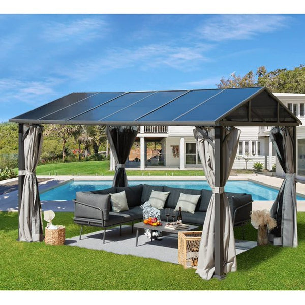 Yoleny 10' x 13' Hardtop Patio Gazebo, Outdoor Aluminum Frame Canopy Gazebo with Netting and Shaded Curtains for Garden, Patio, Lawns, Parties