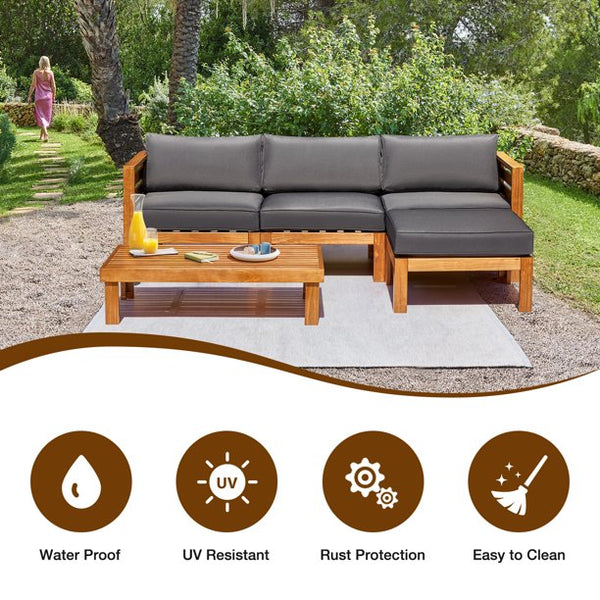 Mellcom 5 Piece Wood Patio Conversation Set with Coffee Table and Soft Cushions, Outdoor Sofa Set for Garden, Poolside and Backyard