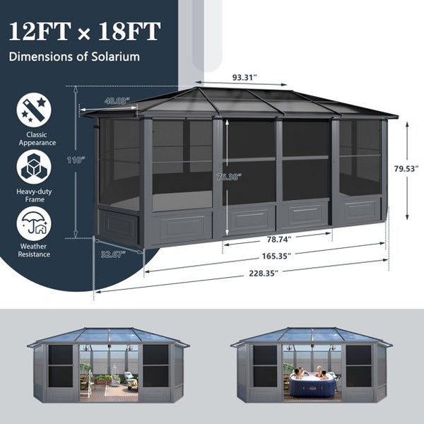 Yoleny 12' x 18' Solarium Sunroom, Outdoor Hardtop Polycarbonate Roof Sun Room, Aluminum Frame Permanent Tiny House with Sliding Doors and Screens,for Garden, Patio, Lawns