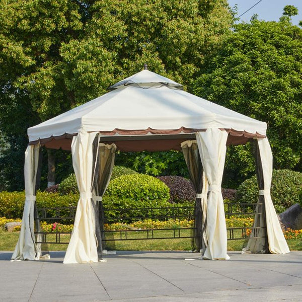 EROMMY 12FT Outdoor Gazebo Canopy, Aluminum Frame Soft Top Hexagonal Outdoor Patio Gazebo with Polyester Curtains and Air Venting Screens(028Cream)