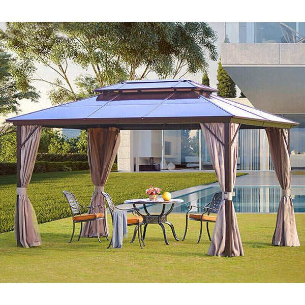 EROMMY 10'x13' Outdoor Polycarbonate Double Roof Hardtop Gazebo Canopy Curtains Aluminum Frame with Netting for Garden,Patio