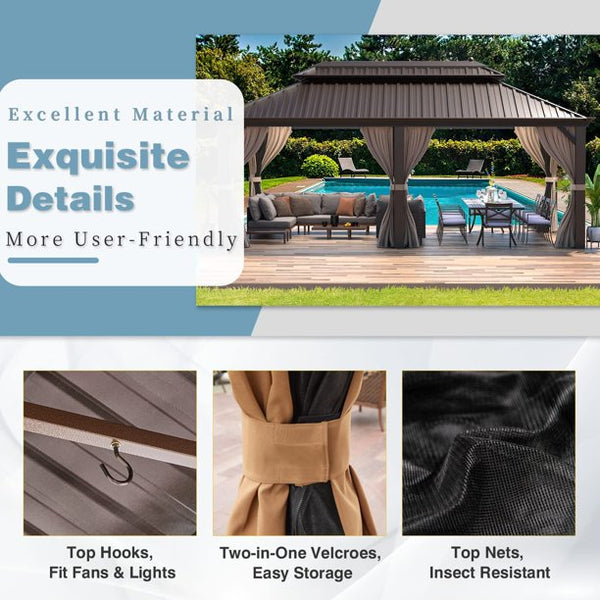 Mellcom 12' X 20' Hardtop Gazebo Galvanized Steel, Outdoor Canopy Double Roof Patio Gazebo with Aluminum Frame
