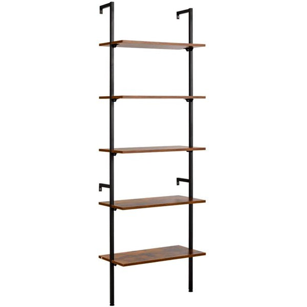 Yoleny 5 Tier Industrial Ladder Shelf, Wood Modern Bookshelf with Metal Frame, Wall-Mounted Plant Flower Storage Organizer, Brown