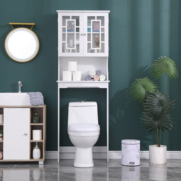 Yoleny Toilet Storage Wooden Bathroom Organizer with 2 Glass Doors & Adjustable Shelf, Over Toilet Cabinets for Bathroom, White