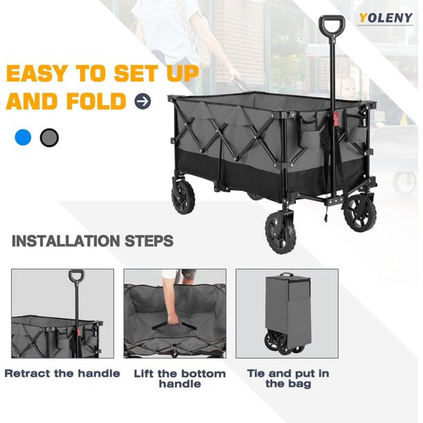 Yoleny Folding Wagon Cart 180 Pound Capacity, Outdoor Garden Cart Foldable Wagon for Travel, Shopping, Camping, Gray