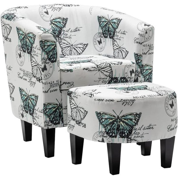 Mellcom Accent Chair with Ottoman , Comfy Fabric Armchair,White Butterfly