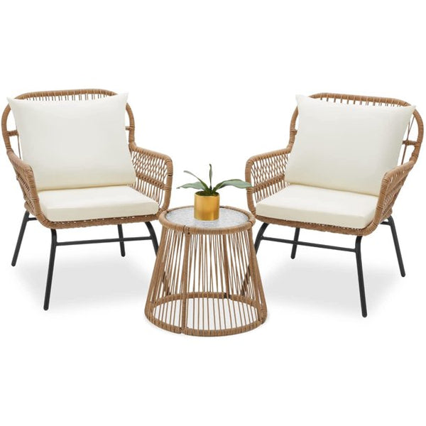 Erommy 3-Piece Patio Conversation Set, Outdoor Wicker Furniture with 2 Wide Armchairs & Tempered Glass Top Table, Cushions Included