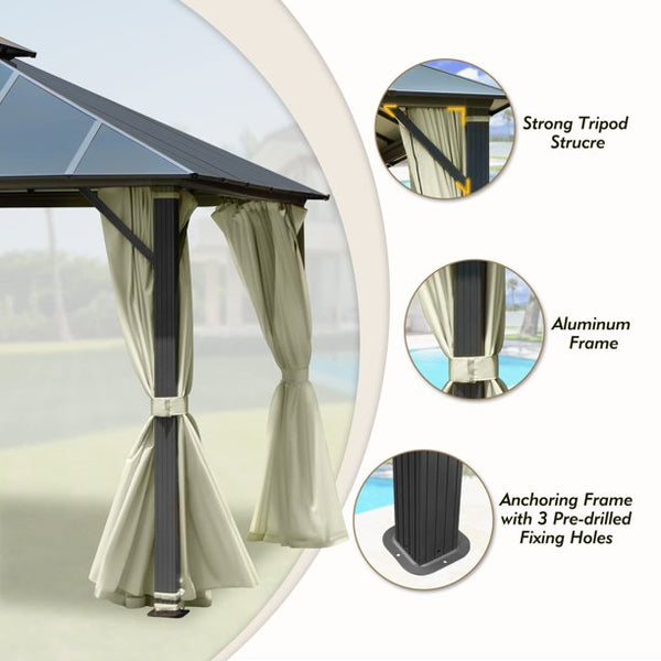 Erommy 12x14FT Hardtop Gazebo, Permanent Outdoor Aluminum Patio Gazebo with Aluminum Composite Double Roof for Patio Lawn and Garden, Curtains and Netting Included