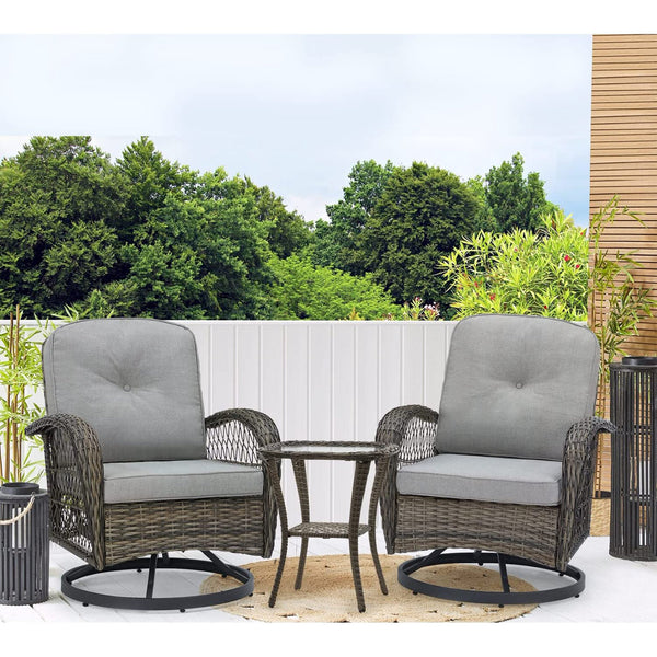 Erommy Outdoor Rocker Patio Chairs 360 ° Swivel , 3 Pieces Patio Conversation Set with Thickened Cushions and Glass Table, Gray