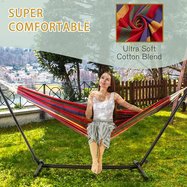 Yoleny Hammock with Stand Included, Double-bar Heavy Duty Cotton Rope Hammock with Portable Carrying Bag for Patio Porch, Rainbow Stripe