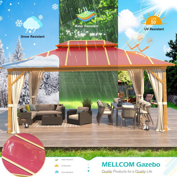 Mellcom 12' x 16' Aluminum Frame Outdoor Gazebo, Double Roof Metal Gazebo for Patios, Gardens, Lawns, Parties, Claret