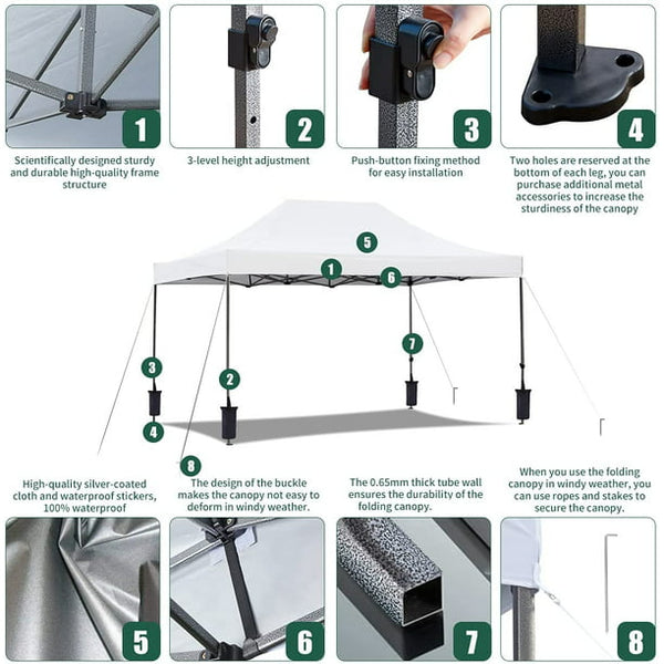 Erommy 10' x 15' Heavy Duty Outdoor Canopy, Easy up Canopy Tent for Parties with Roller Bag, 4 Sand Bags,White