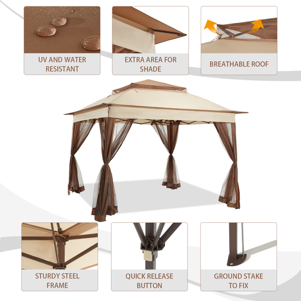 Mellcom 11' x 11' Pop Up Gazebo Tent, Outdoor Instant Canopy Shelter with Carrying bag, Beige