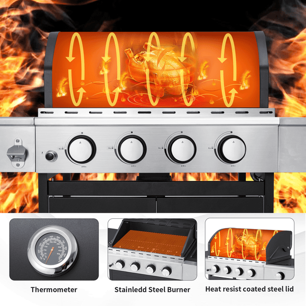 Mellcom 4 Burner Gas Grill,36000 BTU BBQ Propane Stainless Steel Grill with Stove and Side Table for Patio Garden