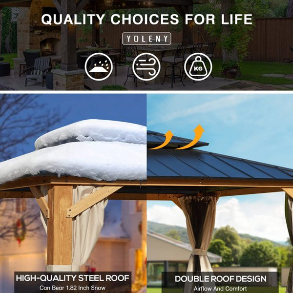 Erommy 13' x 15' Cedar Wood Frame Gazebo, Outdoor Hardtop Gazebo with Metal Roof, Curtains and Nettings