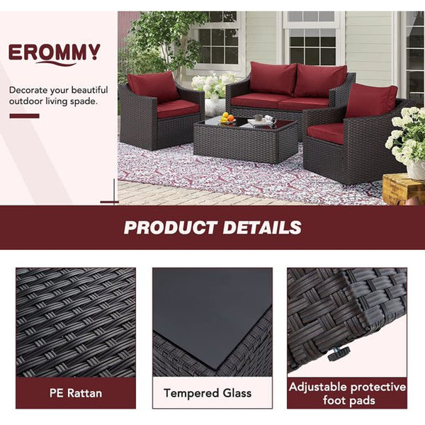 Yoleny 4pcs Patio Furniture Sets Wicker PE Rattan Conversation Furniture Set, Wine Red