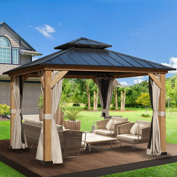 Erommy 11' x 11' Cedar Wood Frame Gazebo, Outdoor Hardtop Gazebo with Metal Roof,Curtains and Nettings