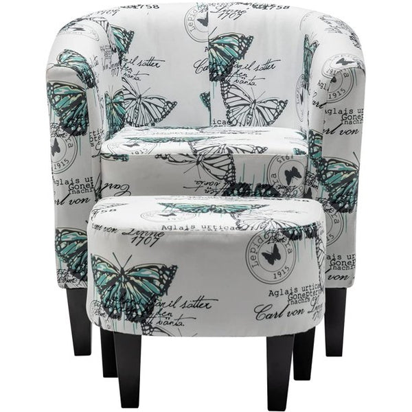 Mellcom Accent Chair with Ottoman , Comfy Fabric Armchair,White Butterfly