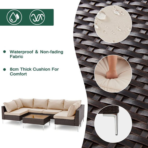 Yoleny 7 Pieces Patio Furniture Sets, Outdoor Conversation Set, Wicker Rattan Outdoor Sectional Set with Coffee Table and Seat Cushion for Backyard, Garden, Poolside, Khaki