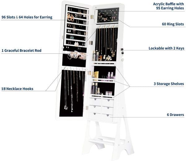 YOLENY Floor-Standing Jewelry Armoire Frameless Full Length Mirror Lockable Design Angle Adjuestable Jewelry Organizer Large Capacity Dressing Mirror Makeup Jewelry Cabinet with LED Lights