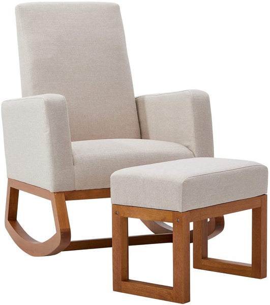 YOLENY Rocking Chair Mid Century Accent Chair Glider Rocker with Ottoman High Back Linen Armchair, Beige