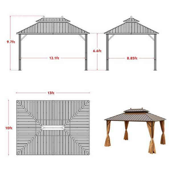 EROMMY 10' X 13' Hardtop Gazebo Galvanized Steel Outdoor Gazebo Canopy Double Vented Roof Pergolas Aluminum Frame with Netting and Curtains for Garden,Patio,Lawns,Parties