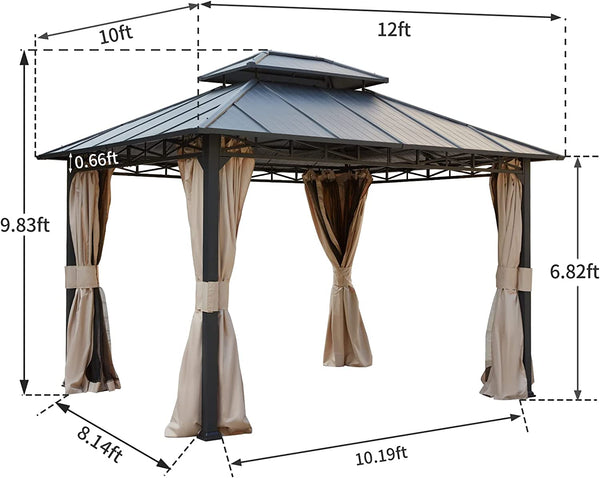 Mellcom 10'X12' Outdoor Hardtop Gazebo with 2-Tier Galvanized Iron Aluminum Frame for Patio, Backyard, Deck, Lawns