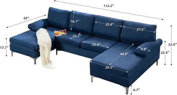 Mellcom Linen U-Shape Sectional Sofa, Fabric Couch for Living Room Apartment, Blue