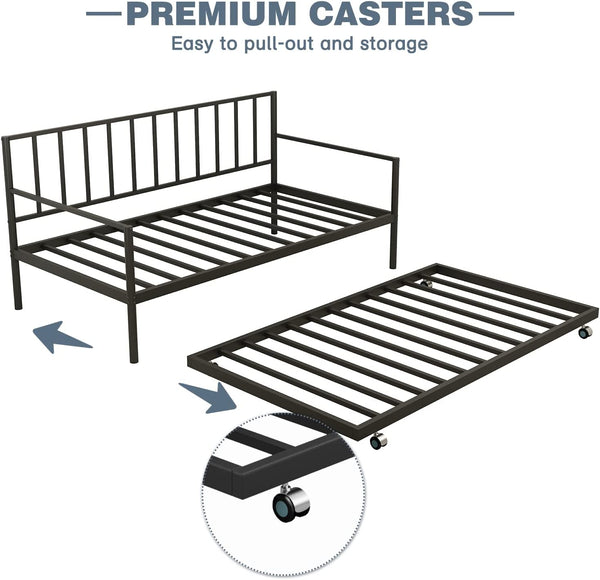 MELLCOM Twin Daybed with Trundle, Metal Slat Bed Frame Set, Farmhouse Platform Bed for Bedroom, Living Room, Black