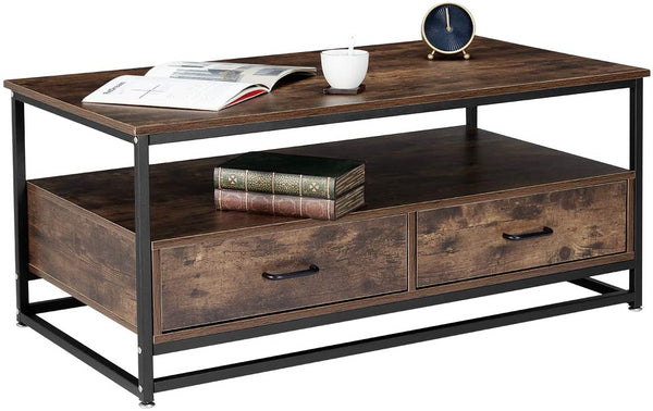 YOLENY Industrial Coffee Table,Accent Cocktail Table with Storage Shelf,2 Drawers Solid Wood and Metal Frame Legs,for Living Room