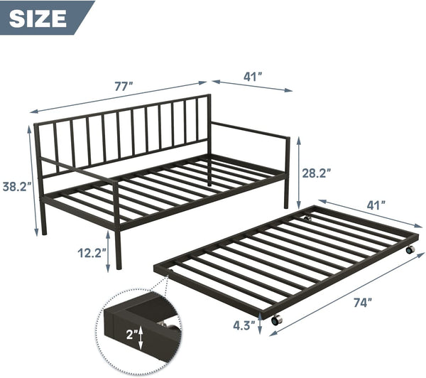 MELLCOM Twin Daybed with Trundle, Metal Slat Bed Frame Set, Farmhouse Platform Bed for Bedroom, Living Room, Black