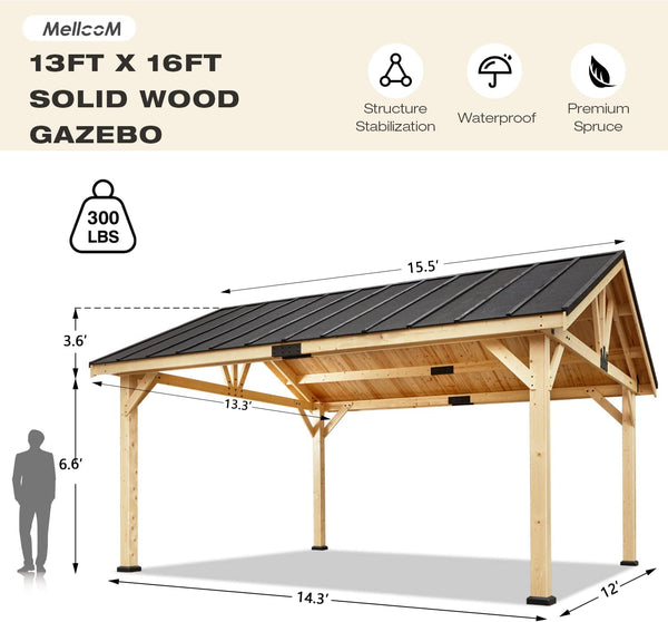 Mellcom 13x16 FT Hardtop Gazebo, Outdoor Solid Wood Gazebo with Waterproof and Heatproof Asphalt Roof