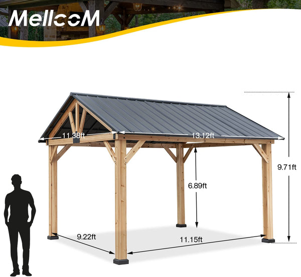 Mellcom 13'x 11' Hardtop Patio Gazebo, Outdoor Gable Steel Cedar Framed Pavilion Cabana