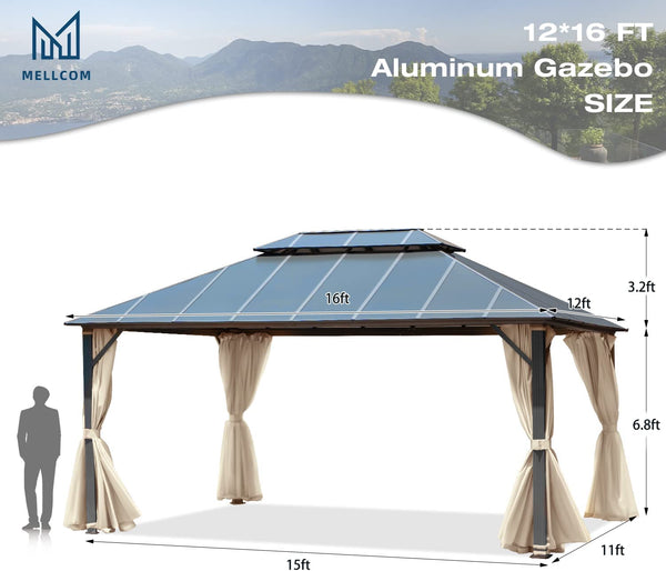 Mellcom 12x16FT Outdoor Hardtop Gazebo, Permanent Double Roof Aluminum Patio Gazebo for Patio Lawn, Garden