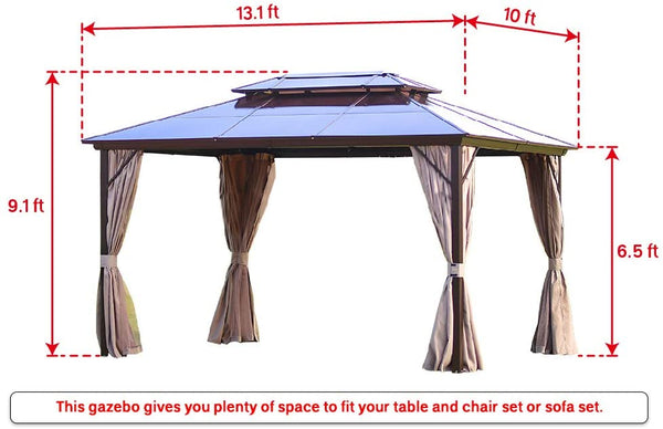 YOLENY 10x13ft Outdoor Double Roof Hardtop Gazebo Canopy Aluminum Furniture Pergolas with Netting and Curtains for Garden,Patio,Lawns,Parties