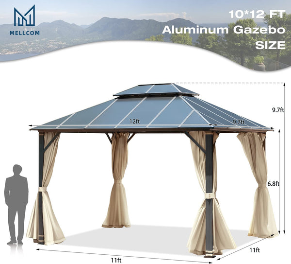 Mellcom 10x12FT Outdoor Hardtop Gazebo, Permanent Double Roof Aluminum Patio Gazebo for Patio Lawn, Garden