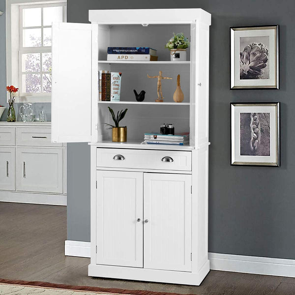YOLENY Kitchen Pantry 72” Freestanding Storage Cabinets with Doors and Shelves Elegant Colonial Design Cabinet Cupboard with 3 Adjustable Shelves and 1 Storage Drawer