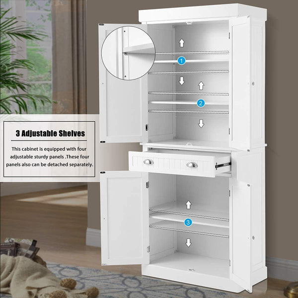 YOLENY Kitchen Pantry 72” Freestanding Storage Cabinets with Doors and Shelves Elegant Colonial Design Cabinet Cupboard with 3 Adjustable Shelves and 1 Storage Drawer