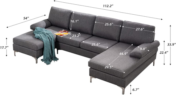 Mellcom Linen U-Shape Sectional Sofa, Fabric Couch for Living Room Apartment, Gray
