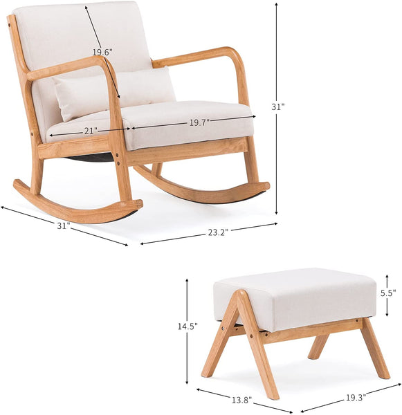 YOLENY Fabric Rocking Chair Mid-Century Glider Rocker with Padded Seat, Ottoman and Wood Base Linen Accent Chair for Living Room Beige
