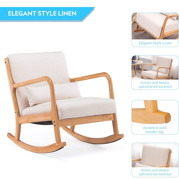 YOLENY Fabric Rocking Chair Mid-Century Glider Rocker with Padded Seat, Ottoman and Wood Base Linen Accent Chair for Living Room Beige