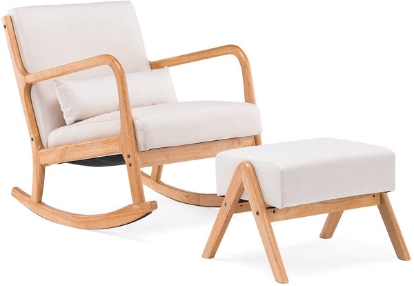 YOLENY Fabric Rocking Chair Mid-Century Glider Rocker with Padded Seat, Ottoman and Wood Base Linen Accent Chair for Living Room Beige