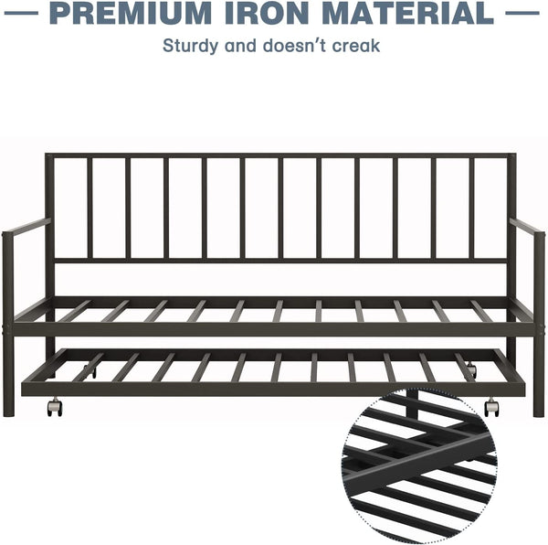 MELLCOM Twin Daybed with Trundle, Metal Slat Bed Frame Set, Farmhouse Platform Bed for Bedroom, Living Room, Black