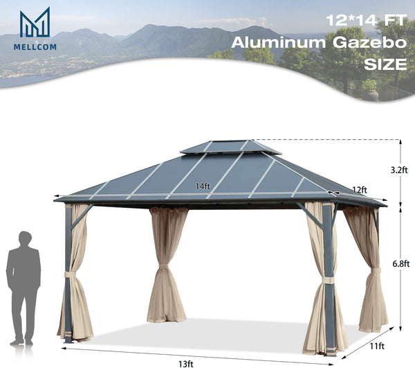 Mellcom 12x14FT Outdoor Hardtop Gazebo, Permanent Double Roof Aluminum Patio Gazebo for Patio Lawn, Garden