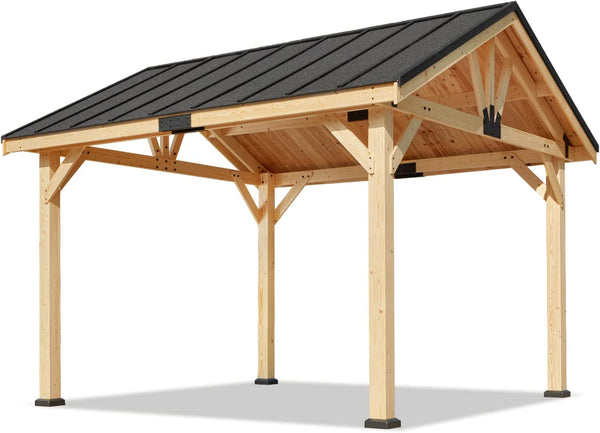 Mellcom 11x12 FT Hardtop Gazebo, Solid Wood Gazebo, Waterproof Asphalt Roof, for Patio, Lawn, Garden